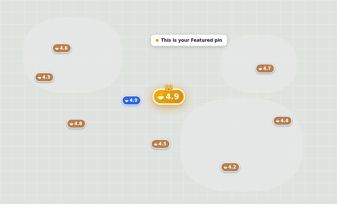 The ramen search map, showing a gold crown icon that marks a featured restaurant standing out among the regular pins
