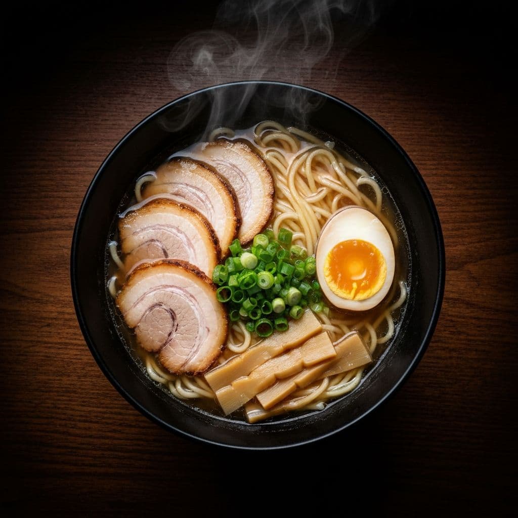 A bowl of ramen with noodles being lifted on chopsticks, steam rising