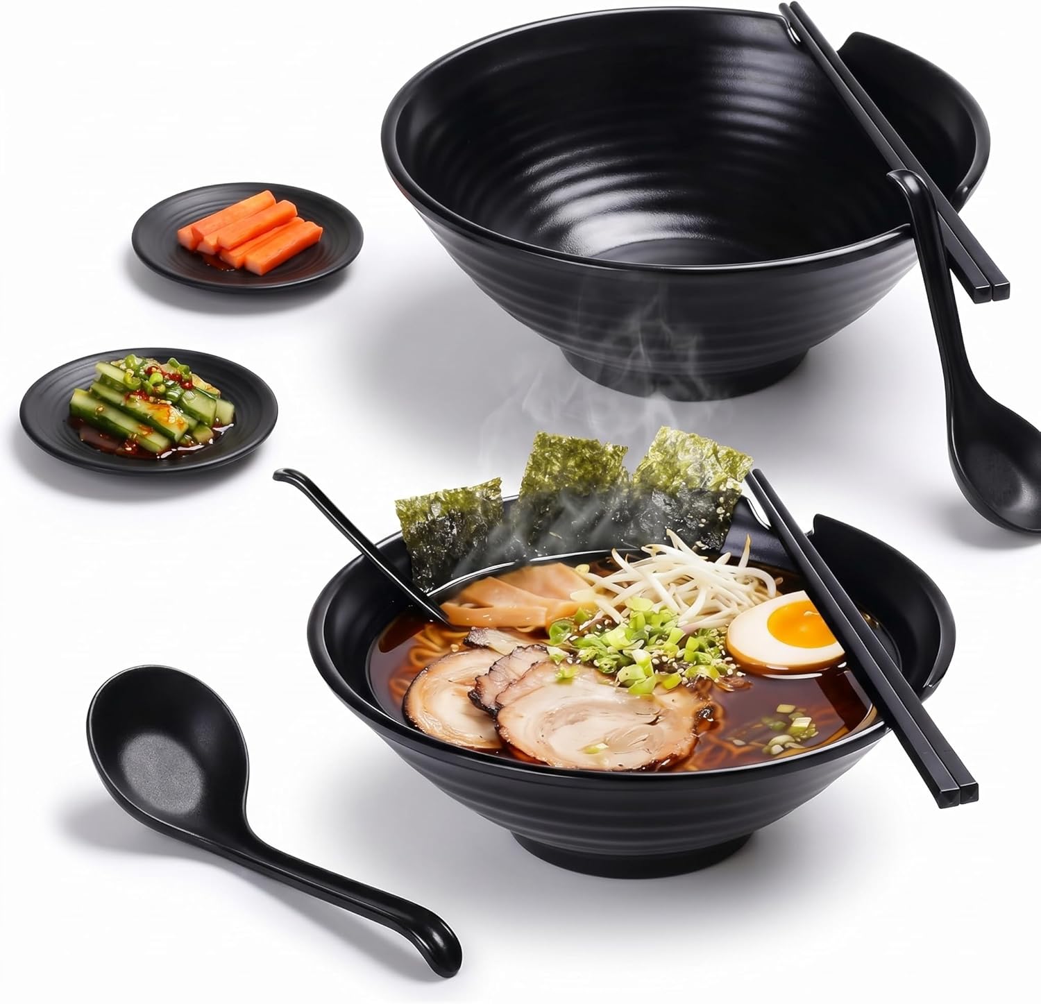 Black Melamine Ramen Bowl Set (37oz — Bowl, Chopsticks, Stand & Ladle)