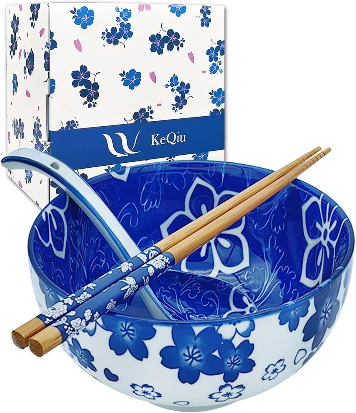 Blue Sakura Ceramic Ramen Bowl Set (Bowl, Spoon & Chopsticks)