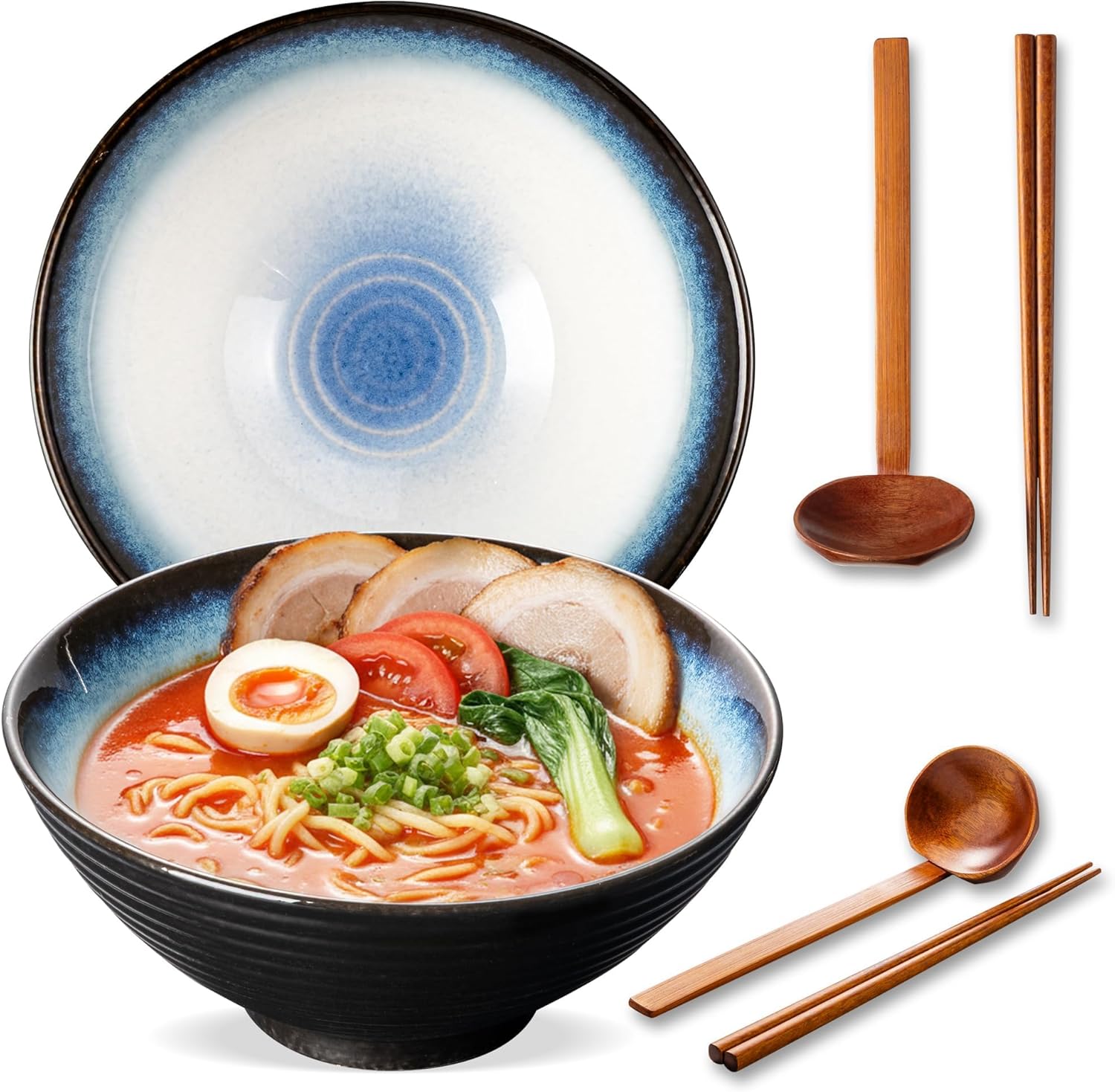 Japanese Ceramic Ramen Bowl Set (2 Bowls + Spoons + Chopsticks)